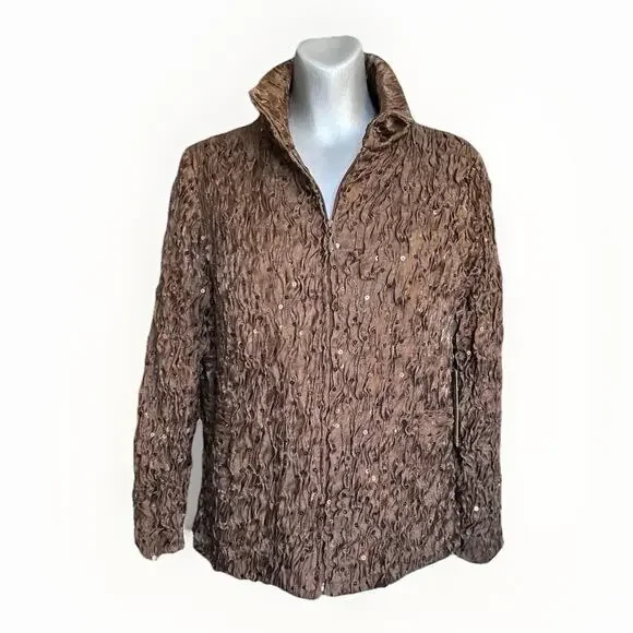 Bronze Textured Crinkle Jacket Petite Large Fall Chic Metallic Sequin Statement - Picture 6 of 13